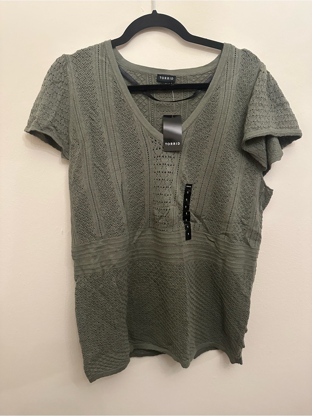 Torrid 1X Olive Green Pointelle Knit V Neck Short Sleeve Sweater NWT Plus Size